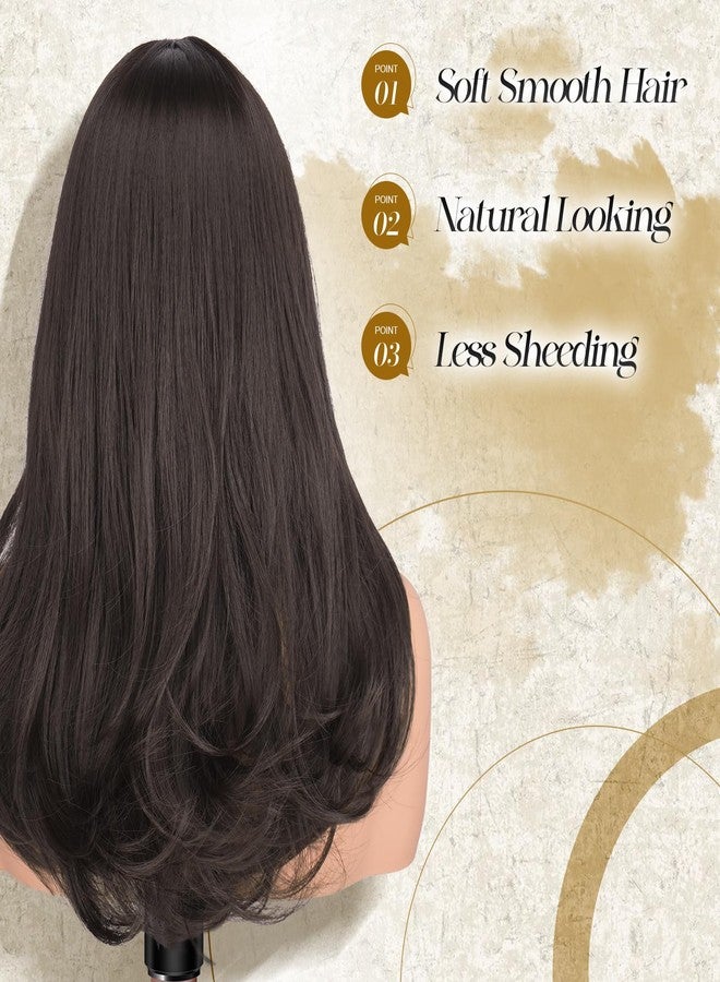 FESHFEN Long Wigs with Bangs, Synthetic Natural Looking Layered Straight Hair Wig for Women Daily Party Use 18 inch, Brown - Image 4
